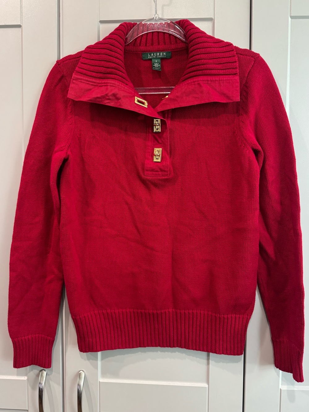 Ralph Lauren Red Zip-Style Cotton Ribbed Collar Sweater